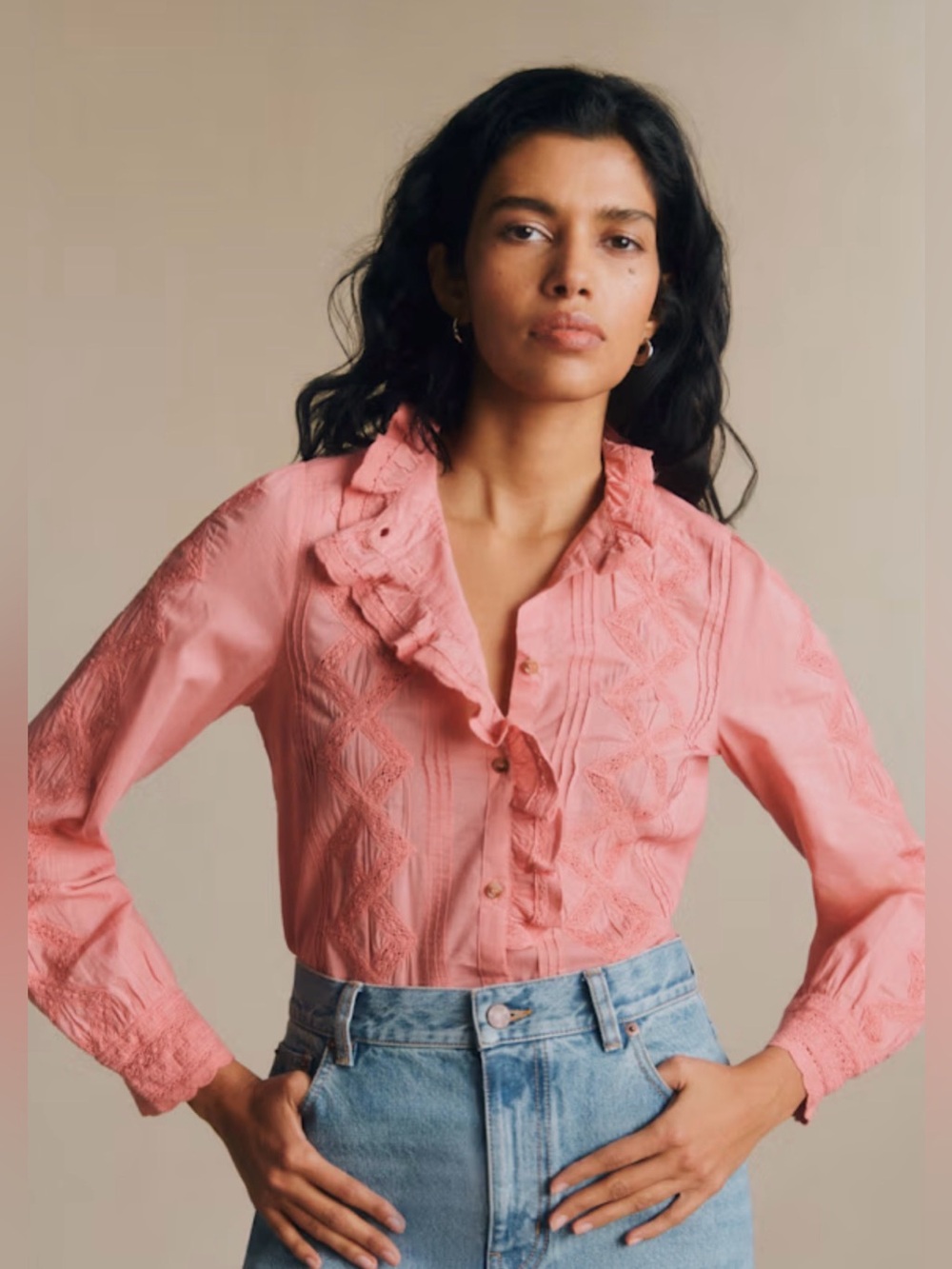 Sezane CHLO SHIRT longsleeve ruffles trim top pink coral women’s size42/XL